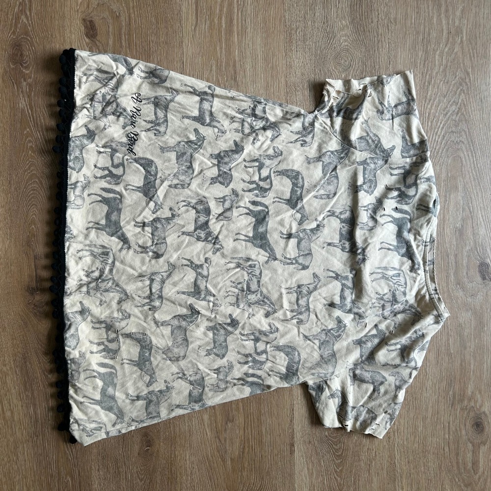 NWOT A Rare Bird Handmade Horse Print Pom Pom Trim Distressed T-Shirt Top Small - Picture 5 of 6